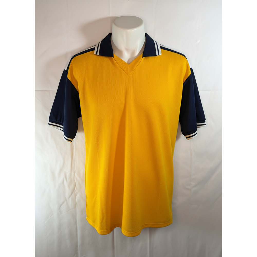 Vintage 90s Soccer Jersey Mens L Gold Navy Blue Stripe Mesh Athletic VGC